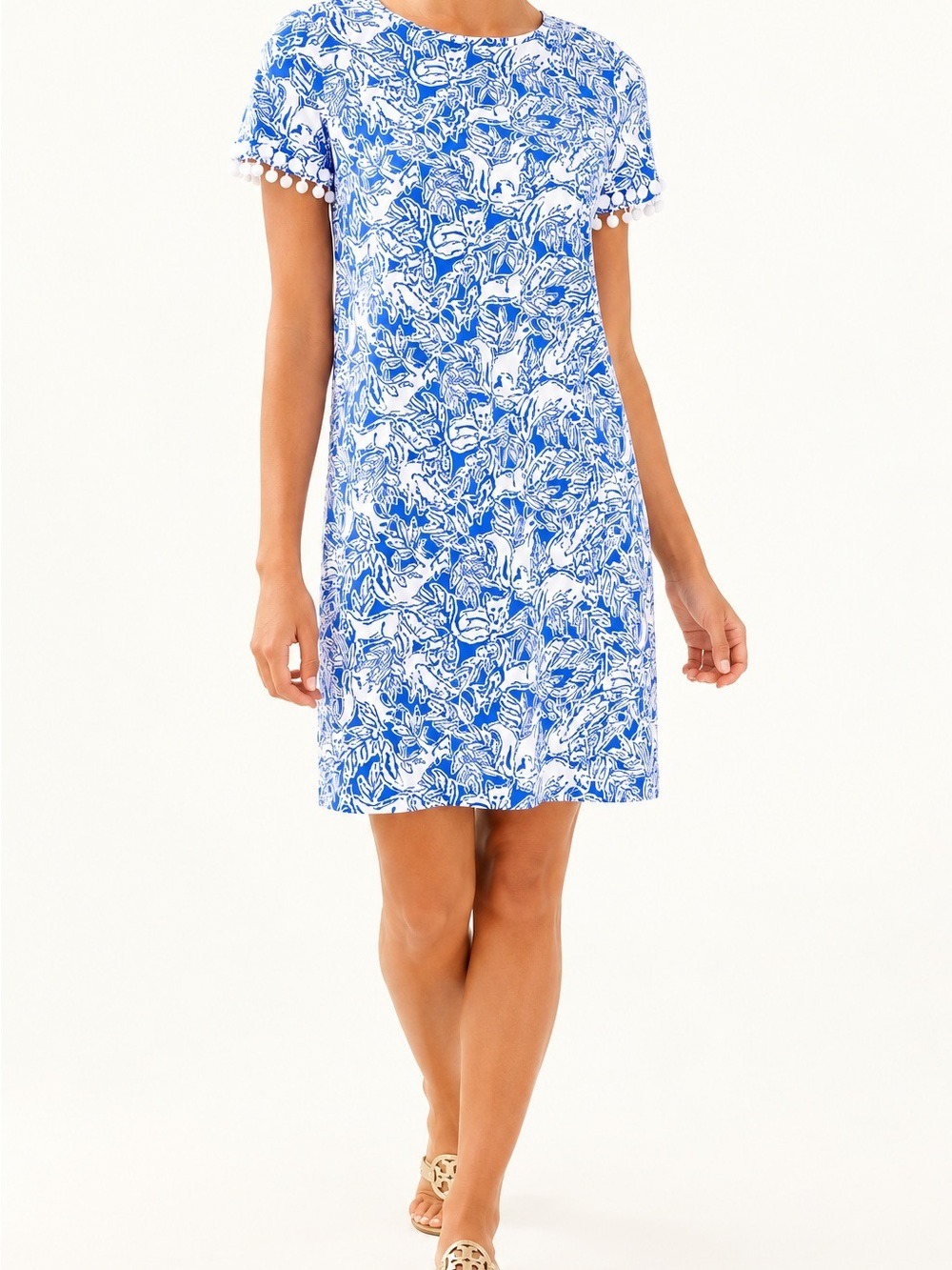 Lilly Pulitzer Lissie Fox Print Shift Dress Blue White Pom Pom Sleeve XL